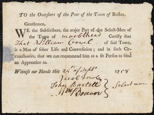 John Perraway indentured to apprentice with William Crowell of Marblehead, 2 October 1758