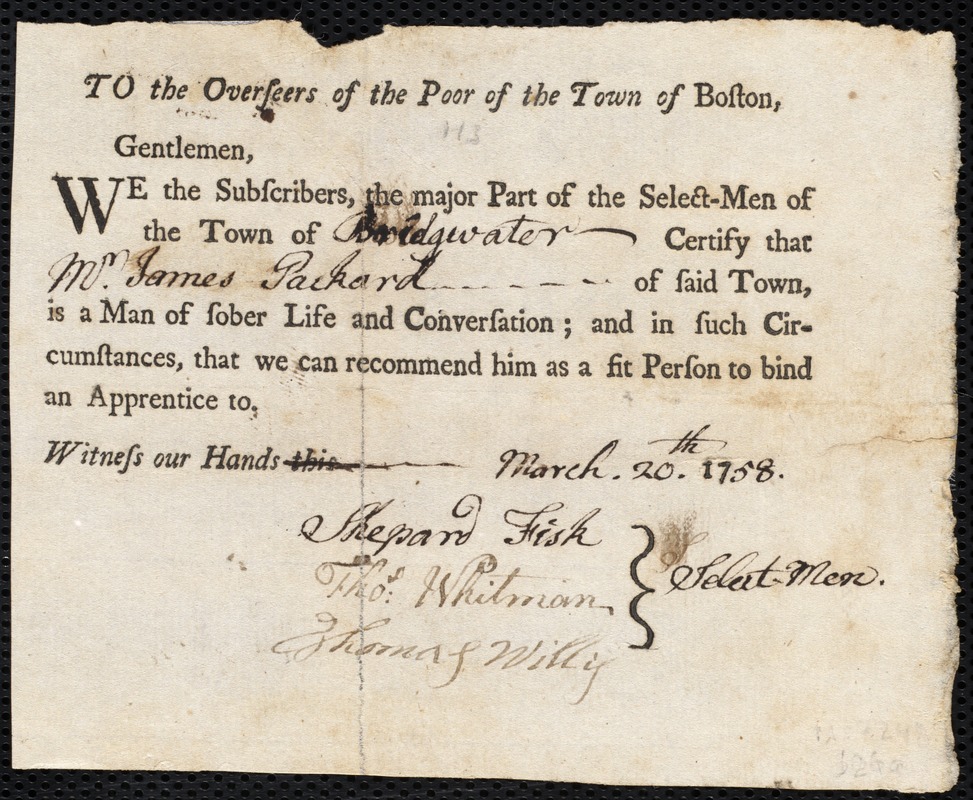 Robert Layman indentured to apprentice with James Packard of Bridgewater, 24 March 1758
