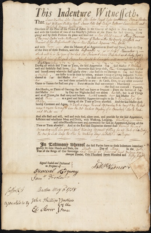 Mary Devereux indentured to apprentice with Nathaniel [Nathanael] Warner of Boston, 1 May 1758