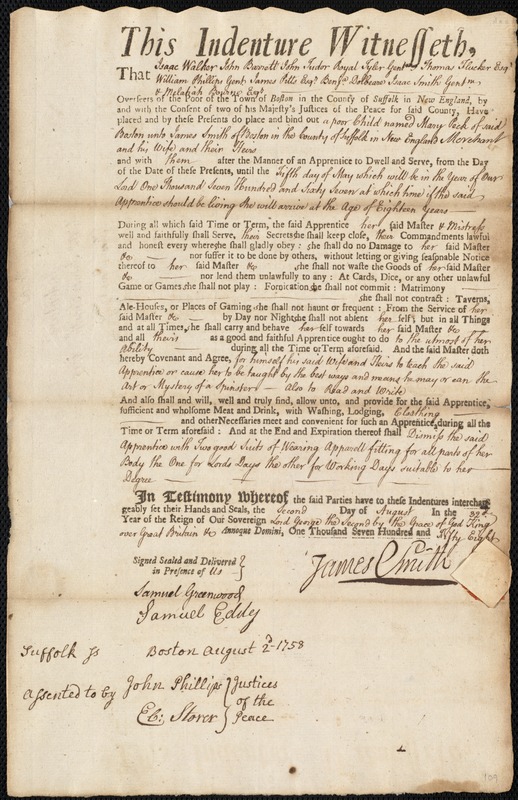 Mary Peck indentured to apprentice with James Smith of Boston, 2 August 1758