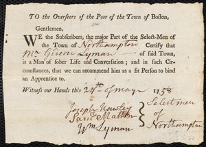 Joseph Ervin indentured to apprentice with Gideon Lyman of Northampton, 2 August 1758