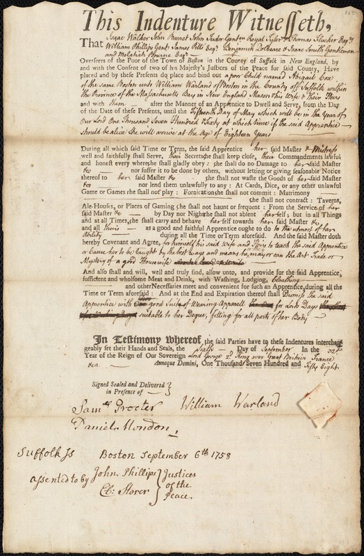 Abigail Cox indentured to apprentice with William Warland of Boston, 6 September 1758