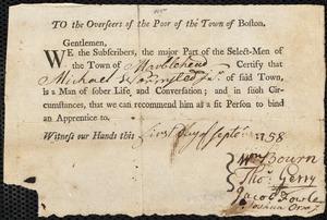 Parker Fessenden indentured to apprentice with Michael Wormstead [Wormsted] of Marblehead, 6 September 1758