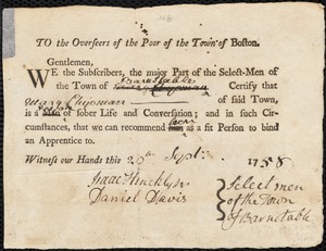 Sarah Whaley indentured to apprentice with Mary Chipman of Barnstable, 6 September 1758