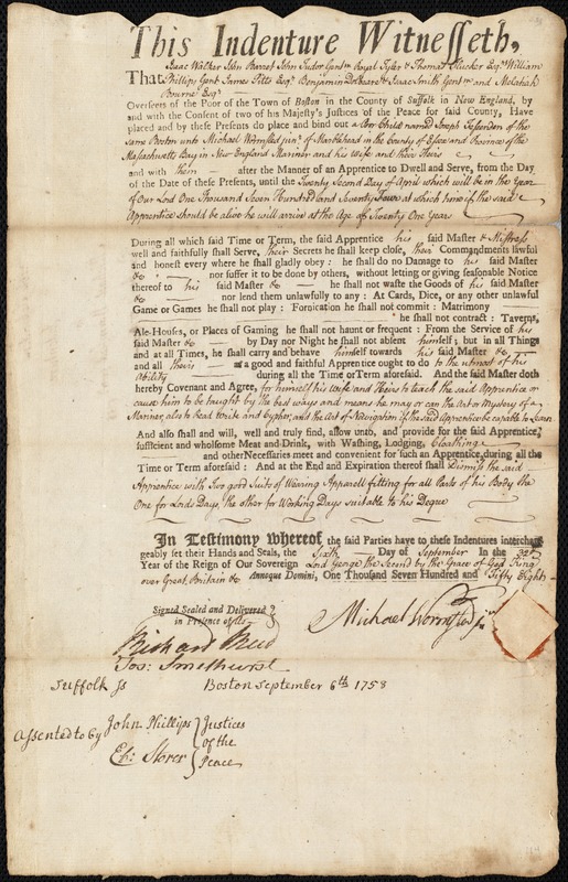 Joseph Fessenden indentured to apprentice with Michael Wormstead [Wormsted] of Marblehead, 6 September 1758
