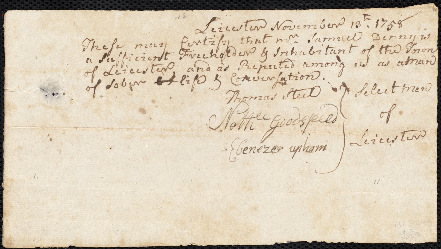 Elizabeth Ruddocks indentured to apprentice with Samuel Denny [Denney] of Leicester, 6 December 1758