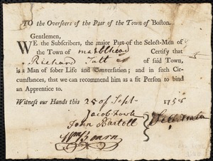 Richard Bowers indentured to apprentice with Richard Tutt of Marblehead, 2 October 1758