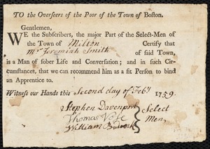 Martha Holmes indentured to apprentice with Jeremiah Smith of Milton, 7 February 1759