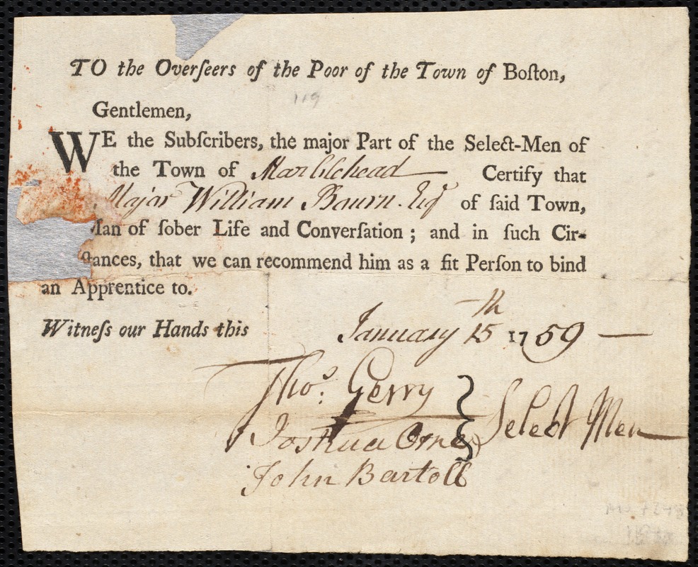 Charles Taylor indentured to apprentice with William Bourn of Marblehead., 7 February 1759