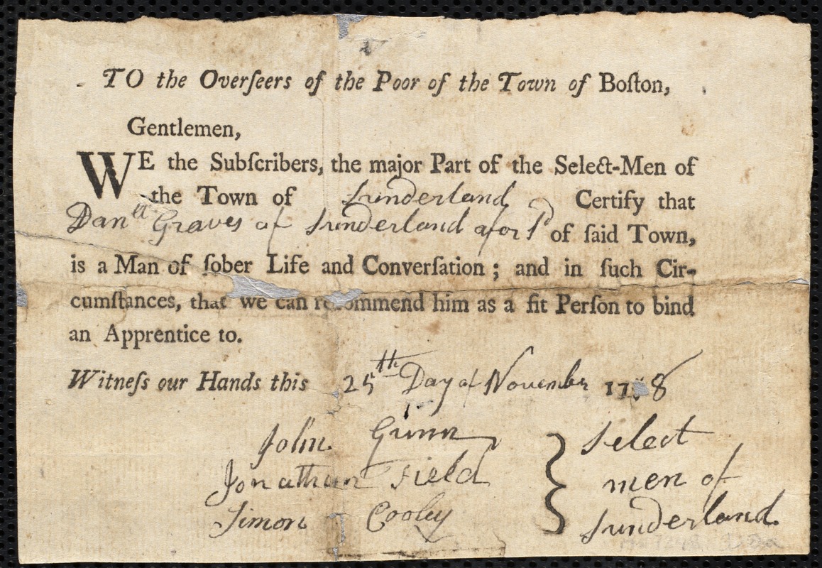 James Thompson indentured to apprentice with Daniel Graves of Sunderland, 7 February 1759