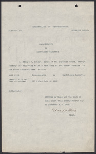 Sacco-Vanzetti Case Records, 1920-1928. Commonwealth v. Vanzetti (Bridgewater Trial). Indictment, Bill 8102 Assault with Intent to murder, 1920. Box 1, Folder 4, Harvard Law School Library, Historical & Special Collections