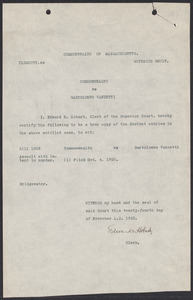 Sacco-Vanzetti Case Records, 1920-1928. Commonwealth v. Vanzetti (Bridgewater Trial). Indictment, Bill 8103: Assault with Intent to Murder, 1920. Box 1, Folder 5, Harvard Law School Library, Historical & Special Collections