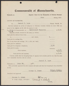 Sacco-Vanzetti Case Records, 1920-1928. Commonwealth v. Vanzetti (Bridgewater Trial). Bills for Services and Expenses to Deputy Sheriffs, 1920. Box 1, Folder 13, Harvard Law School Library, Historical & Special Collections