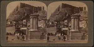 Lysicrates Monument, oldest building of Corinthian order - and great Acropolis walls, Athens, Greece