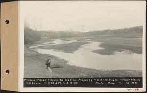 Prince River, opposite Trefilio property, drainage area = 12.9 square miles, flow = 140 cubic feet per second = 10.8 cubic feet per second per square mile, Worcester County, Mass., 11:20 AM, Apr. 13, 1934