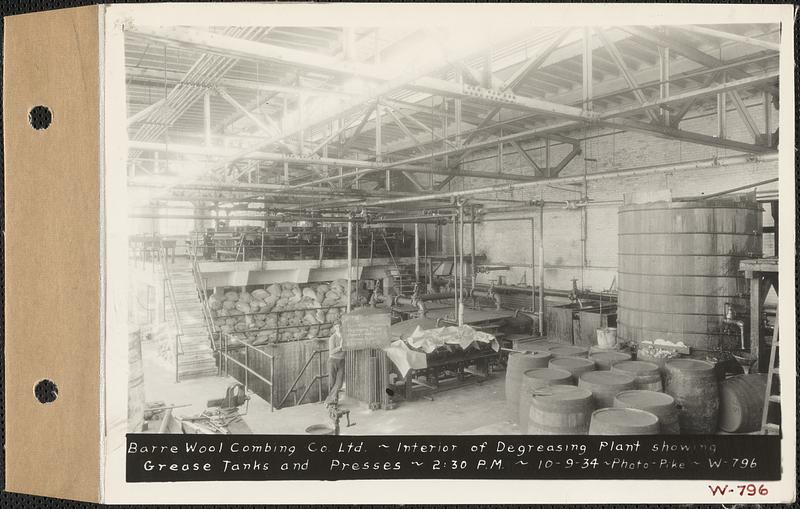 Interior of Degreasing Plant showing grease tanks and presses, Barre