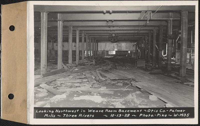 Otis Co., Palmer Mills, looking northwest in weave room, basement, Three Rivers, Palmer, Mass., Oct. 19, 1938