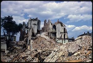 Rubble piles and ruins of Dudley Street Baptist Church, Roxbury, Boston