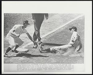 Kubek Gets Under the Tag--New York Yankees Tony Kubek slides under the glove of Detroit Tigers third baseman Don Wert as he advanced from first to third on Roger Maris' single to right field in fourth inning of game in Detroit today. Kubek reached first on a single, his 1,000 hit as a major leaguer.