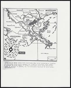 Where Hilda Hits Louisiana--Map gives approximate location of Hurricane Hilda which smashed the deserted Louisiana coast today. A tornado whipping ahead of Hilda’s hurricane force winds killed at least 20 persons in Larose, La.