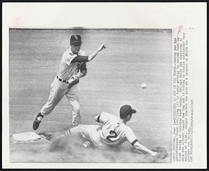 Chicago – Schilling Is Out On The Force – Boston Red Sox second baseman Chuck Schilling (2) is tardy getting to second base in first inning at Comiskey Park today. Chicago White Sox shortstop Al Weis has already tagged the bag and is trying to double outfielder Gary Geiger at first. Geiger started the play on a bouncer to White Sox Joe Horlen.