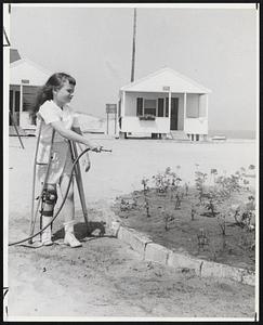 Gardener-Suzanne Theriault, 7, of Salem, hoses the flower garden. The Haverhill Exchange Club, which will stage a professional vaudeville show in Newburyport High Stadium Aug. 17 at 8 p.m. to benefit the camp, gave the first of the cabins in the background. The camp started with two buildings, now has 16-all donated.