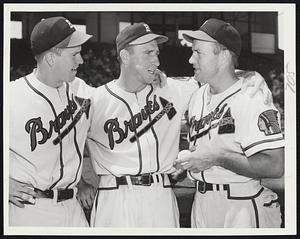 Newness Means Brightness especially in the case of this new threesome which has proved so bright for the Braves. All recent arrivals to the Wigwam are (left to right) Catcher Del Crandall, Outfielder Ed Sauer and First Baseman Elbie Fletcher.