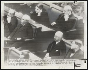Radiophoto shows L to R, front row: Champelier de Ribes, French Undersecretary Foreign Affairs; Paul Boncour, chief French delegation; Mr. Holsti, Finnish delegate, and another Finnish delegate at League of Nations meeting in Geneva, Switzerland, today.