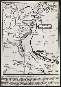 Course of Atlantic Hurricane--Storm warning were ordered from West Palm Beach, Fla., to Cape Hatteras, N.C., (shaded coastal area) today as the Atlantic hurricane churned seas approximately 250 miles east of West Palm Beach (tip of broad arrow), remaining at virtual standstill there during night. Symbols in broken shaft of arrow indicate course of hurricane in past days. Narrow, unbroken arrow shows path of disastrous 1938 hurricane.