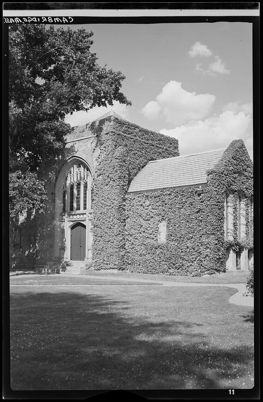 Ivy-covered building with gothic window, Cambridge