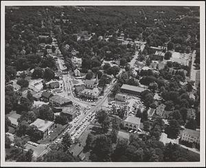 Aerial view of Post Office Square with a view of the Unitarian Church on the right and the library on the left