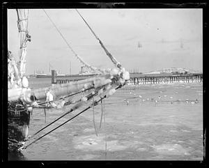 Ice covered ship and piers