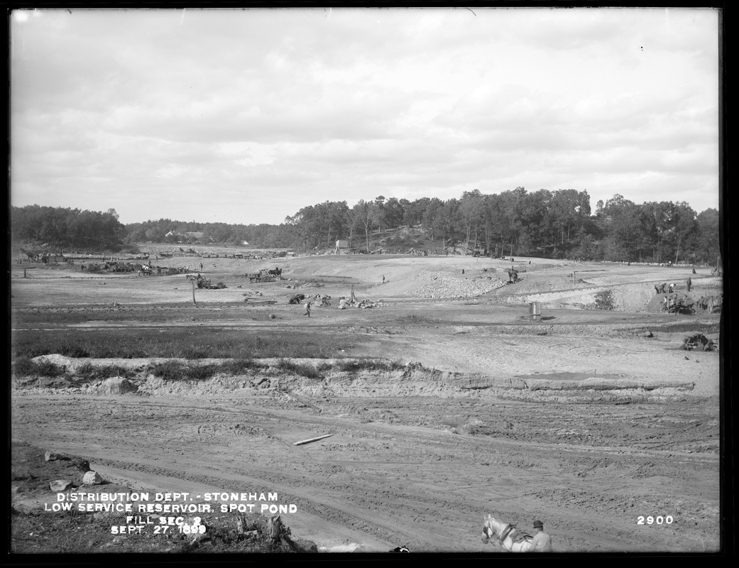 Distribution Department, Low Service Spot Pond Reservoir, fill, Section 2, from the south, Stoneham, Mass., Sep. 27, 1899