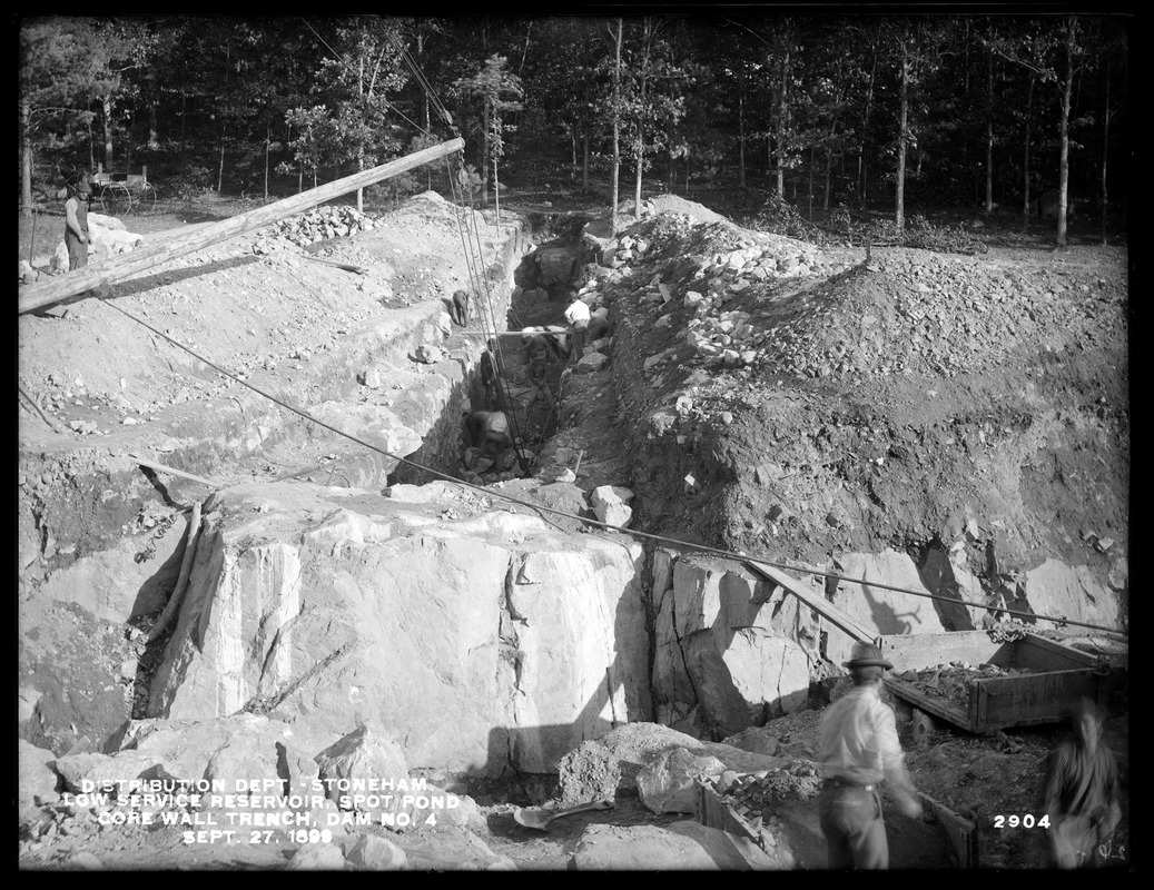 Distribution Department, Low Service Spot Pond Reservoir, trench for core wall, Dam No. 4, from the west, Stoneham, Mass., Sep. 27, 1899