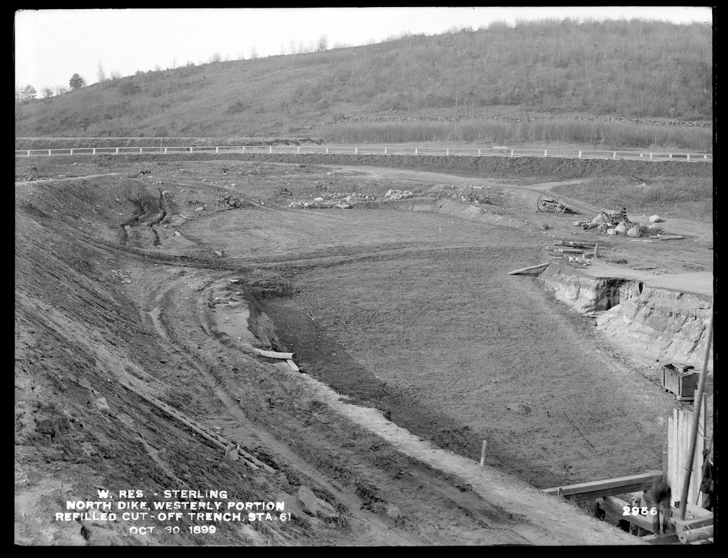 Wachusett Reservoir, North Dike, westerly portion, refilled cut-off trench, station 61; from the south, Sterling, Mass., Oct. 30, 1899