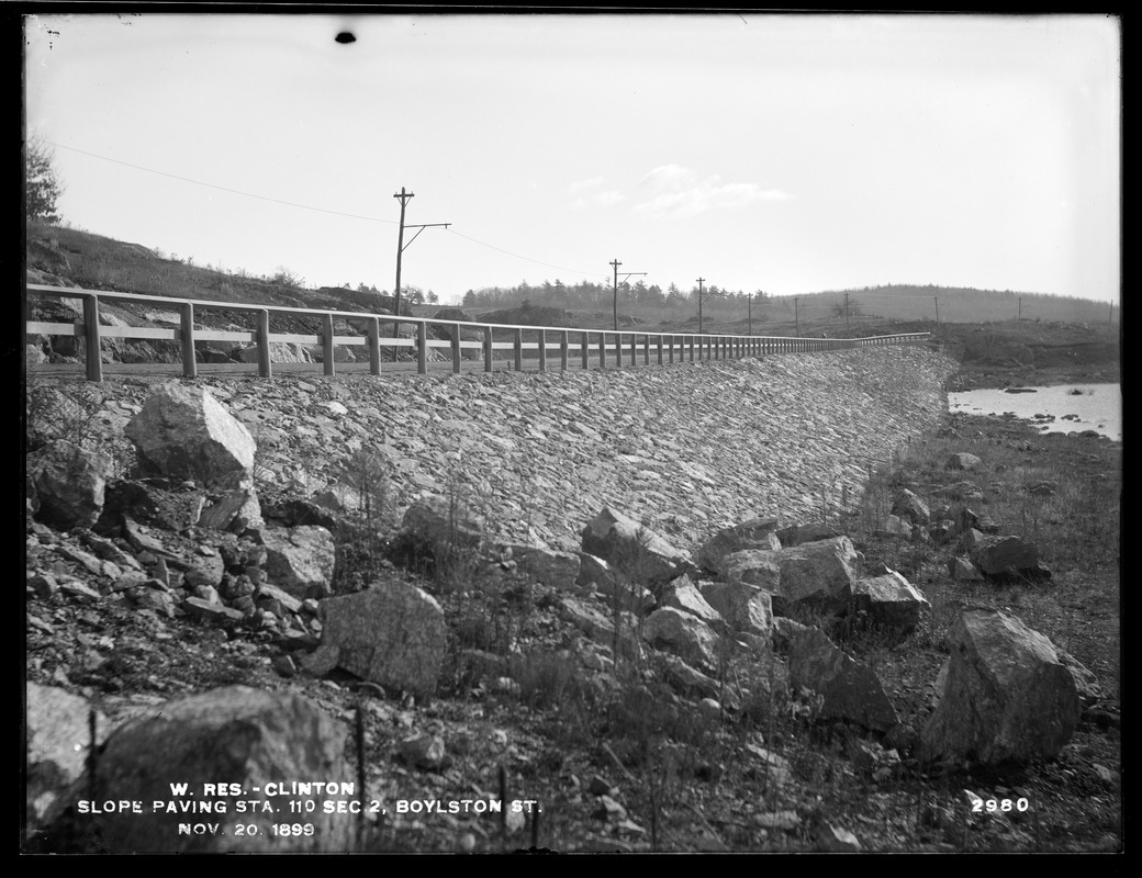 Wachusett Reservoir, slope paving on Boylston Street, Station 110, Section 2; from the west (compare with No. 1929), Clinton, Mass., Nov. 20, 1899