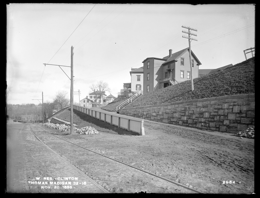 Wachusett Reservoir, Thomas Madigan's house, on the east side of Boylston Street, near the corner of Oak Street, from the southwest in Boylston Street (compare with No. 1939), Clinton, Mass., Nov. 20, 1899