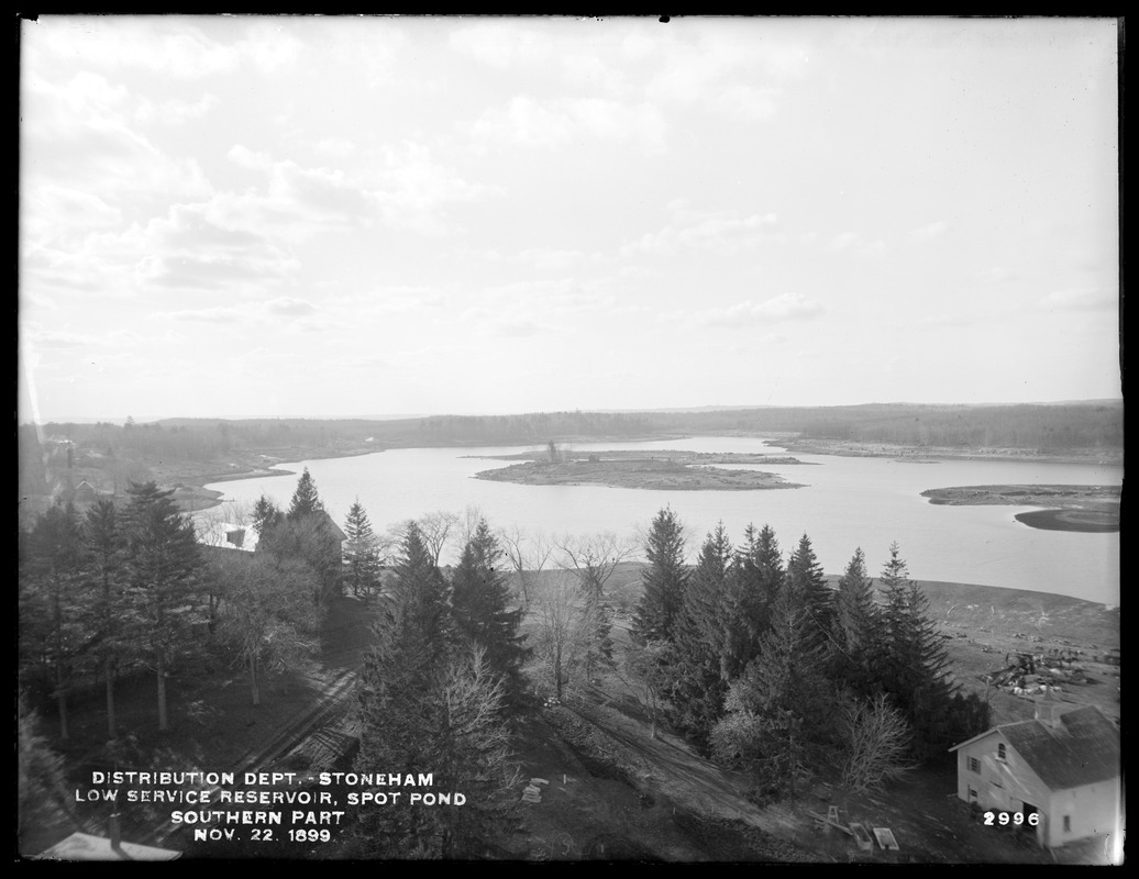 Distribution Department, Low Service Spot Pond Reservoir, southern part, from the top of the chimney of the Northern High Service Pumping Station, Stoneham, Mass., Nov. 22, 1899