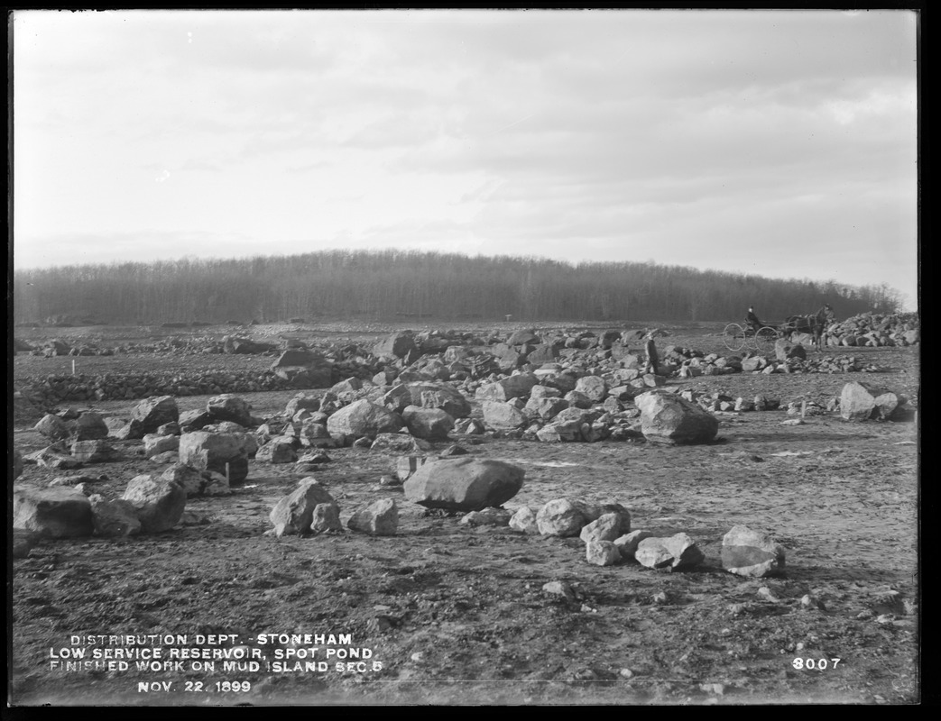 Distribution Department, Low Service Spot Pond Reservoir, finished work on Mud Island, Section 5, from the south, Stoneham, Mass., Nov. 22, 1899