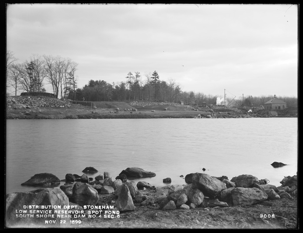 Distribution Department, Low Service Spot Pond Reservoir, south shore near Dam No. 4, Section 6, from the north, Stoneham, Mass., Nov. 22, 1899