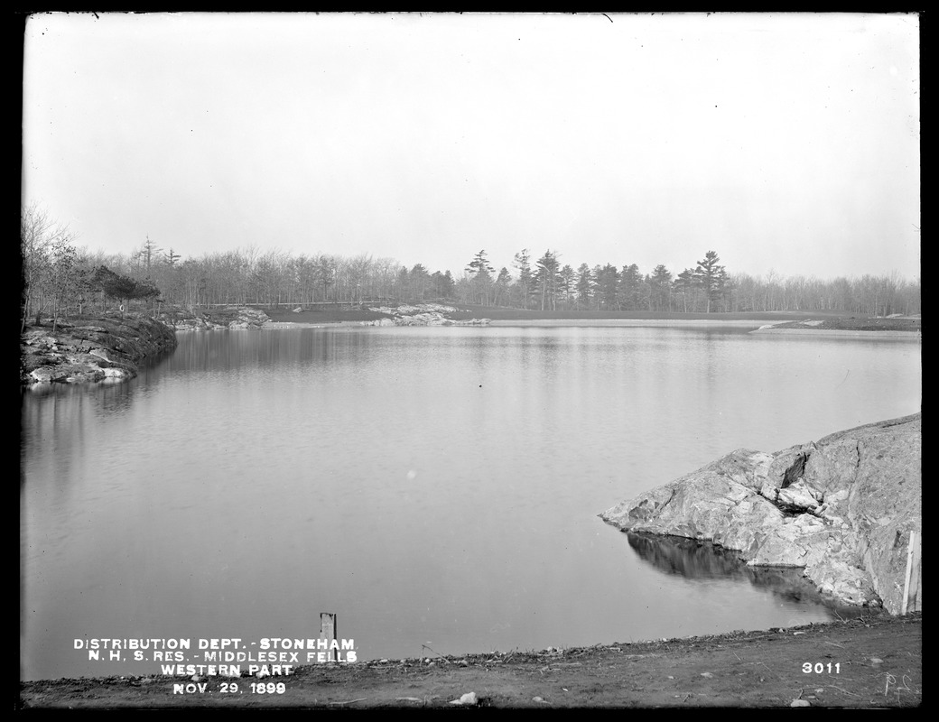 Distribution Department, Northern High Service Middlesex Fells Reservoir, western part, from the south, near gatehouse, Stoneham, Mass., Nov. 29, 1899