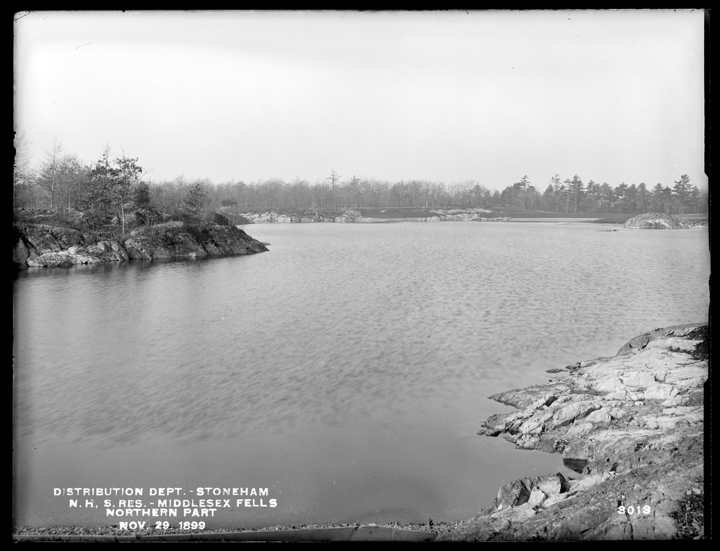 Distribution Department, Northern High Service Middlesex Fells Reservoir, northern part, from the east, at Dam No. 5, Stoneham, Mass., Nov. 29, 1899