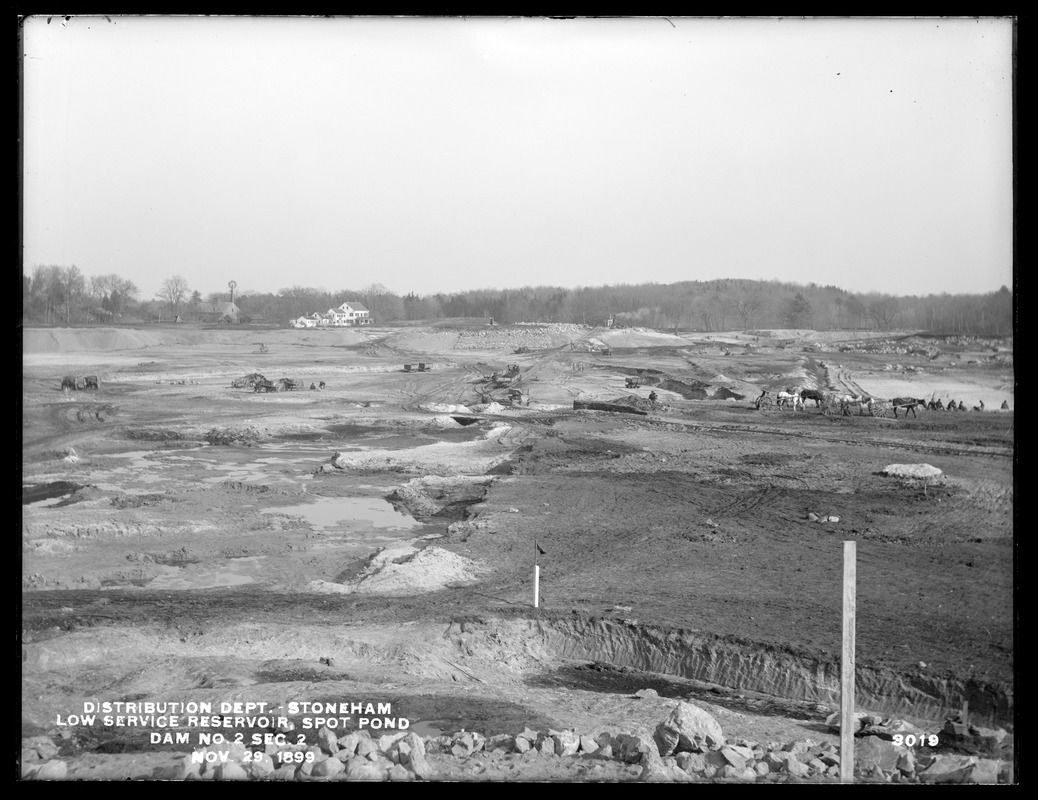 Distribution Department, Low Service Spot Pond Reservoir, Dam No. 2, Section 2, from the southwest on Hammer Neck, Stoneham, Mass., Nov. 29, 1899