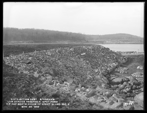 Distribution Department, Low Service Spot Pond Reservoir, riprap on north shore of Great Island, Section 5, from the east, Stoneham, Mass., Nov. 29, 1899