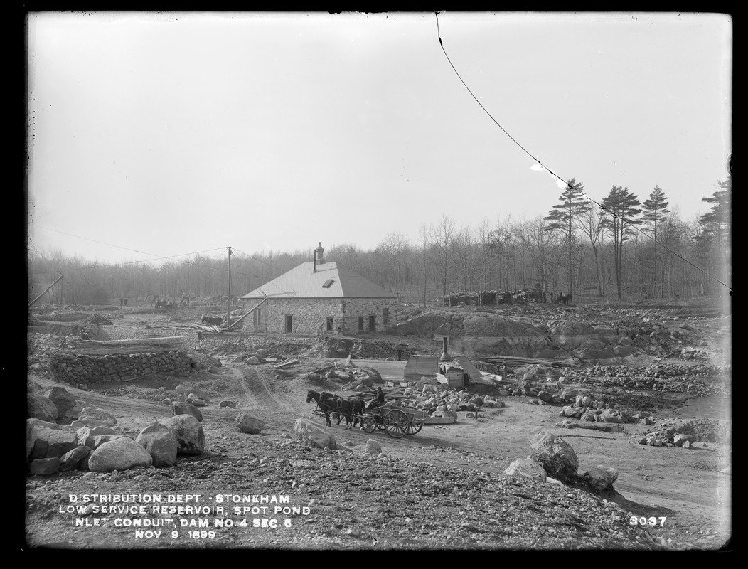Distribution Department, Low Service Spot Pond Reservoir, north end of inlet conduit, Dam No. 4, Section 6, from the east, Stoneham, Mass., Nov. 9, 1899