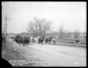 Distribution Department, Northern High Service Spot Pond Pumping Station, teaming bed-plate of 10-million gallon engine to station, Medford; Stoneham, Mass., Nov. 10, 1899