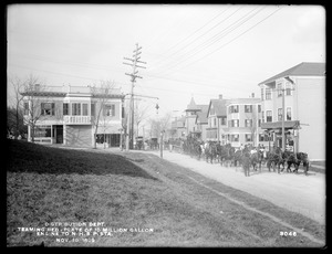 Distribution Department, Northern High Service Spot Pond Pumping Station, teaming bed-plate of 10-million gallon engine to station, Medford; Stoneham, Mass., Nov. 10, 1899