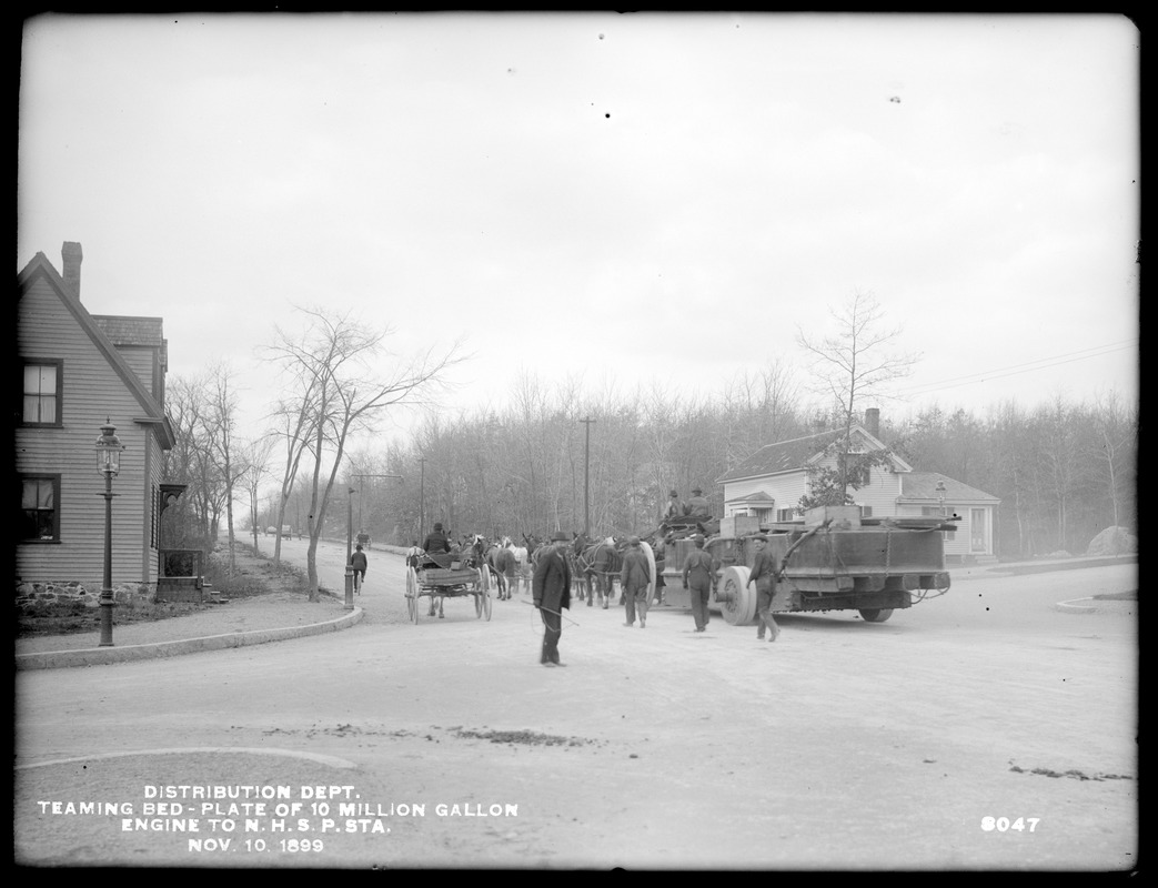 Distribution Department, Northern High Service Spot Pond Pumping Station, teaming bed-plate of 10-million gallon engine to station, Medford; Stoneham, Mass., Nov. 10, 1899