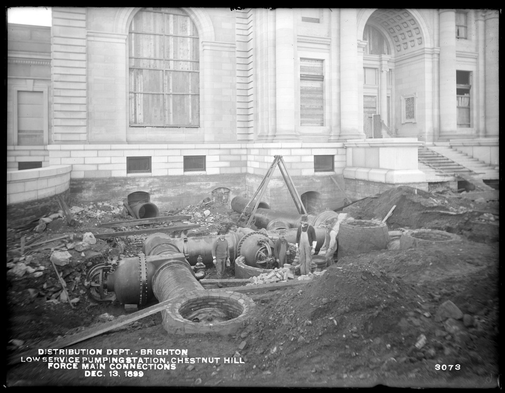 Distribution Department, Chestnut Hill Low Service Pumping Station, force main connections, from the north, Brighton, Mass., Dec. 13, 1899