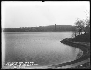 Distribution Department, Chestnut Hill Low Service and High Service Pumping Stations, from the north on north side of the reservoir, Brighton, Mass., Dec. 13, 1899